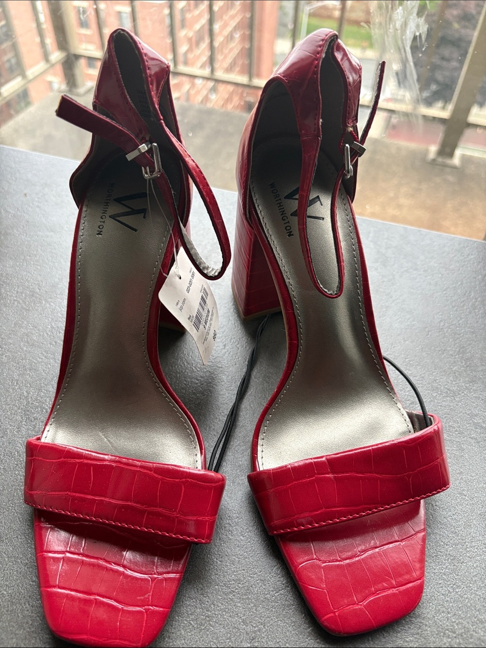 Worthington Red Croc-Embossed Ankle Strap Block Heels